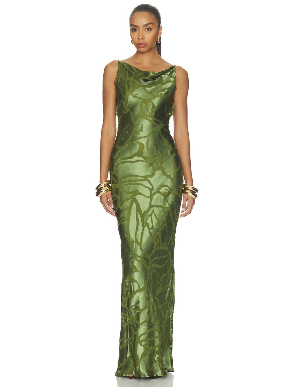 Cult Gaia Ali Dress in Deep Pasture Elegant Olive Green Satin Evening Gown